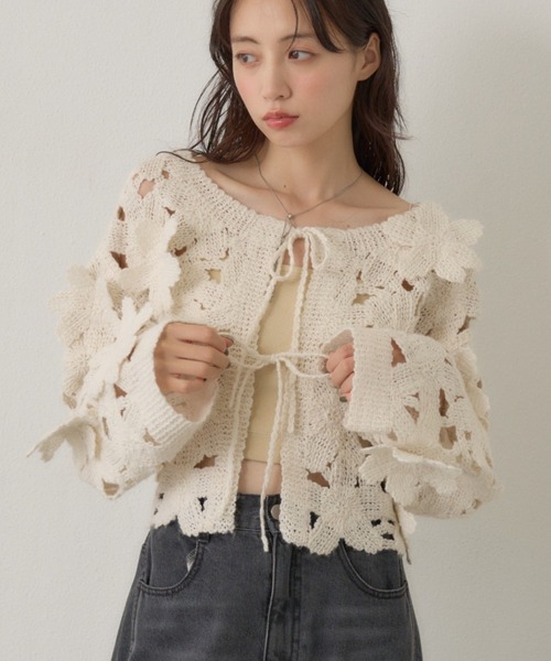 セール】フラワーモチーフニットカーデ【秋服】（カーディガン/ボレロ