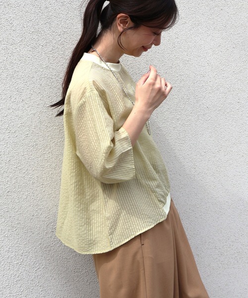 etre relie(エトレリー)の「綿ローン衿リブTブラウス(ストライプ)(Tシャツ/カットソー・レディース・ライトグレー/ライトグリーン/ブラック・MEDIUM)」の7枚目の写真