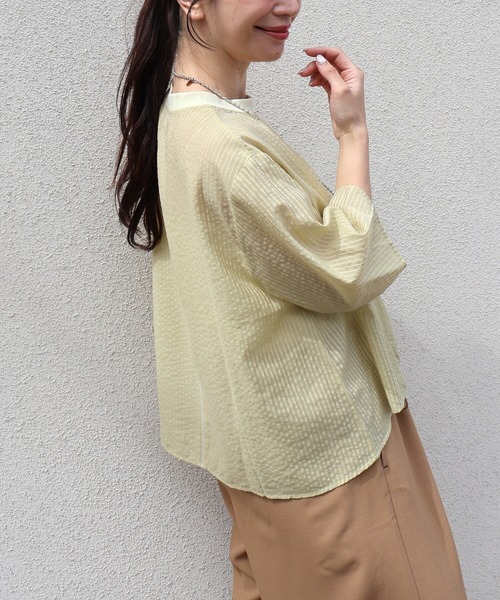 etre relie(エトレリー)の「綿ローン衿リブTブラウス(ストライプ)(Tシャツ/カットソー・レディース・ライトグレー/ライトグリーン/ブラック・MEDIUM)」の8枚目の写真