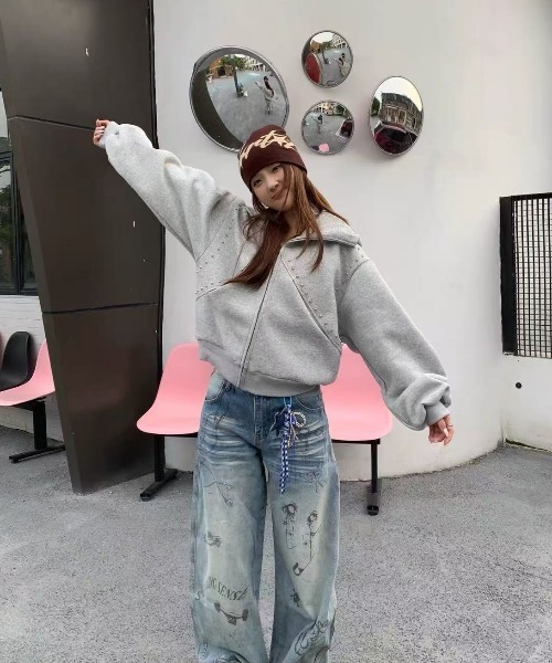 Lis ardent(リスアルダン)の「2026AW オーバーサイズパールデザインジップパーカー/フード付きジップパーカー(シャツ/ブラウス・レディース・ブラック/グレー・M)」の9枚目の写真