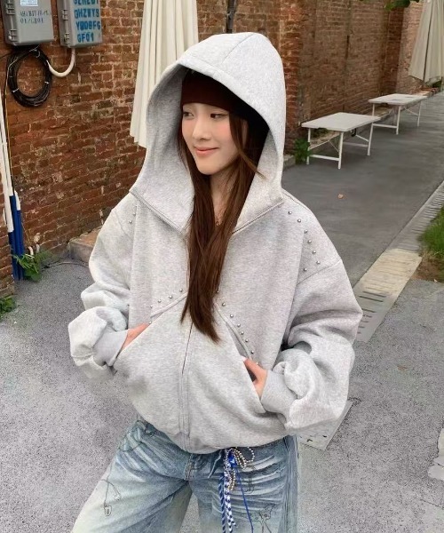 Lis ardent(リスアルダン)の「2026AW オーバーサイズパールデザインジップパーカー/フード付きジップパーカー(シャツ/ブラウス・レディース・ブラック/グレー・M)」の7枚目の写真