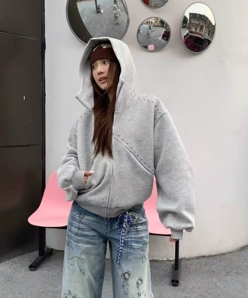 Lis ardent(リスアルダン)の「2026AW オーバーサイズパールデザインジップパーカー/フード付きジップパーカー(シャツ/ブラウス・レディース・ブラック/グレー・M)」の8枚目の写真