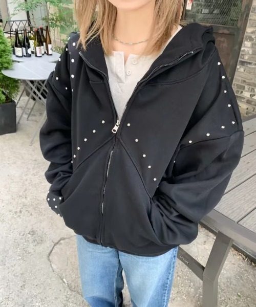 Lis ardent(リスアルダン)の「2026AW オーバーサイズパールデザインジップパーカー/フード付きジップパーカー(シャツ/ブラウス・レディース・ブラック/グレー・M)」の16枚目の写真