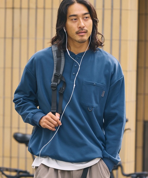 多功能抽繩直筒亨利領口袋長袖T恤 吸水速乾 抗起毛球 防曬 易打理