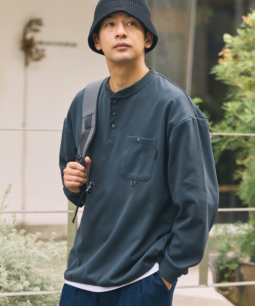 多功能抽繩直筒亨利領口袋長袖T恤 吸水速乾 抗起毛球 防曬 易打理