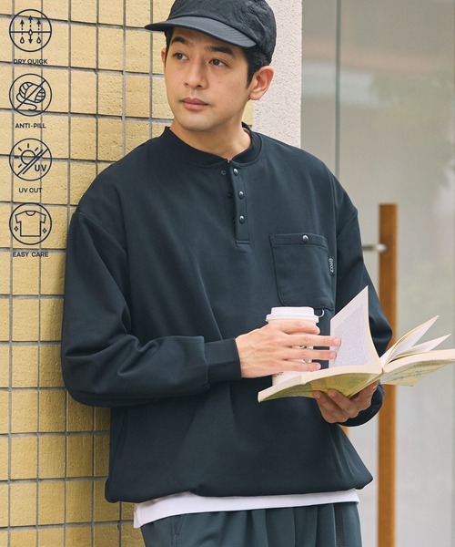 多功能抽繩直筒亨利領口袋長袖T恤 吸水速乾 抗起毛球 防曬 易打理