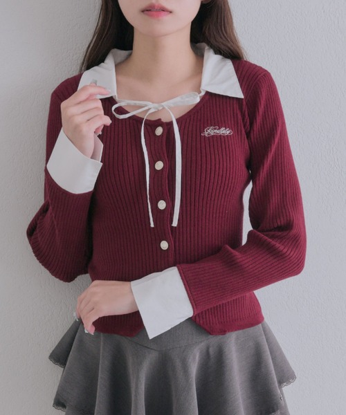 OLIVE des OLIVE(オリーブデオリーブ)の「金ボタンシャツレイヤードトップス(ニット/セーター・レディース・ベージュ/ボルドー/チャコールグレー/ブラック・FREE)」の4枚目の写真