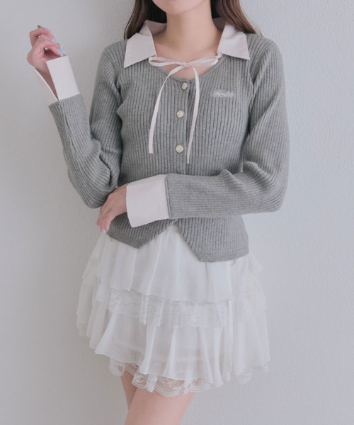 OLIVE des OLIVE(オリーブデオリーブ)の「金ボタンシャツレイヤードトップス(ニット/セーター・レディース・ベージュ/ボルドー/チャコールグレー/ブラック・FREE)」の16枚目の写真