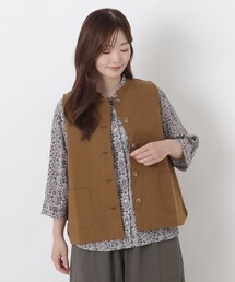 麻綿 スタンドカラー 裾カーブ入りベスト