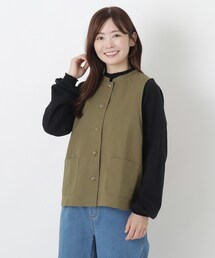麻綿 スタンドカラー 裾カーブ入りベスト