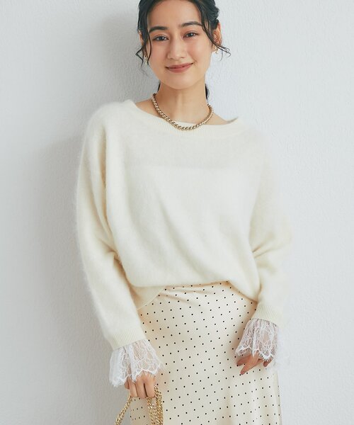 La boutique BonBon(ラブティックボンボン)の「ウールFUR加工袖口レースニット(ニット/セーター・レディース・オフホワイト/ブラウン/ピンク・FREE)」の4枚目の写真