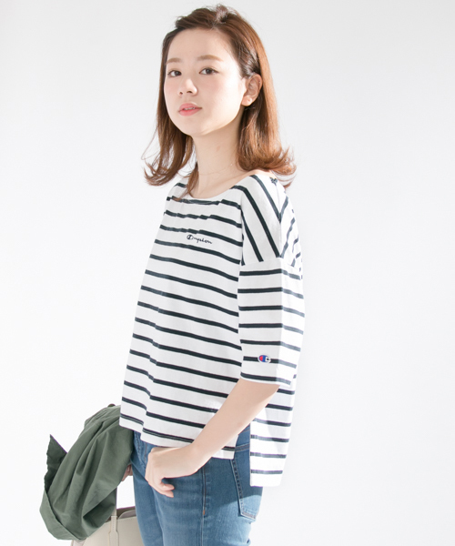 Champion(チャンピオン)の「 UR Champion×URBAN RESEARCH 別注ボーダーカットソー(Tシャツ/カットソー・レディース・ネイビー/ホワイト/ライトグレー・FREE)」の2枚目の写真