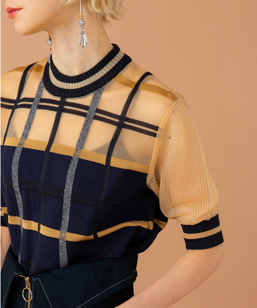 UNITED TOKYO(ユナイテッドトウキョウ)の「シアーチェックニット(ニット/セーター・レディース・ベージュ/パープル・1)」の6枚目の写真