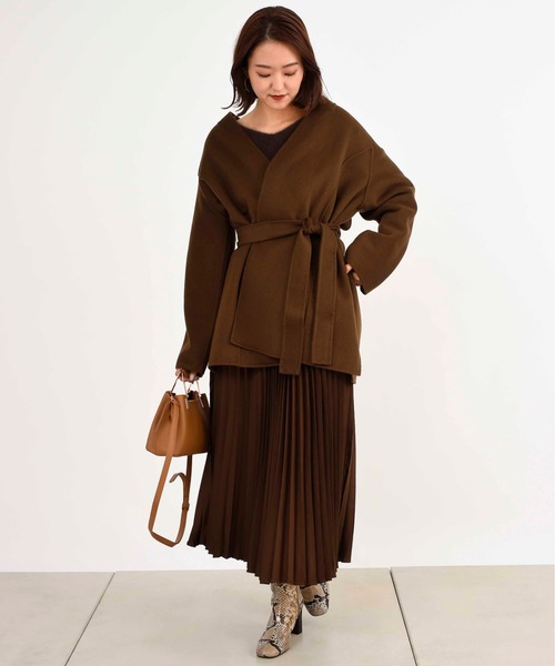 DouDou（ドゥドゥ）の「ベルト付ショートコート（その他アウター・レディース・グリーン/ブラウン・FREE）」の7枚目の写真