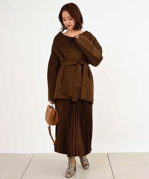 DouDou（ドゥドゥ）の「ベルト付ショートコート（その他アウター・レディース・グリーン/ブラウン・FREE）」の10枚目の写真