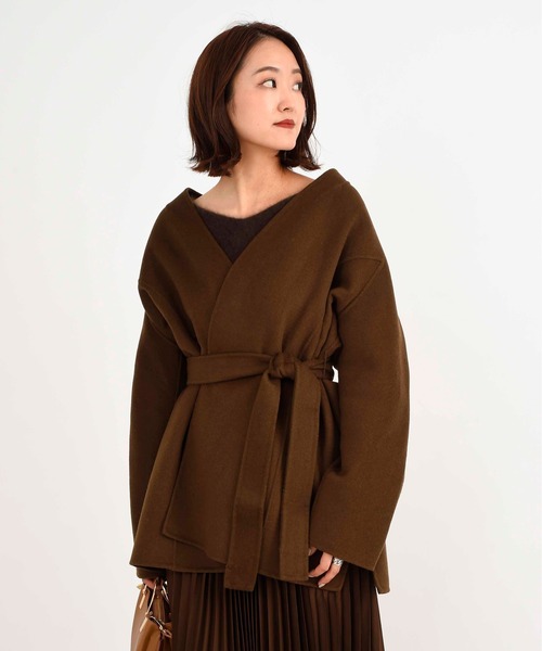 DouDou（ドゥドゥ）の「ベルト付ショートコート（その他アウター・レディース・グリーン/ブラウン・FREE）」の15枚目の写真