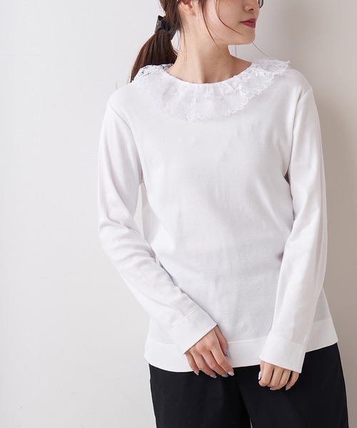 PUAL CE CIN(ピュアルセシン)の「【オーガニックコットン】衿レースプルオーバー(Tシャツ/カットソー・レディース・オフホワイト/スミクロ・FREE)」の2枚目の写真