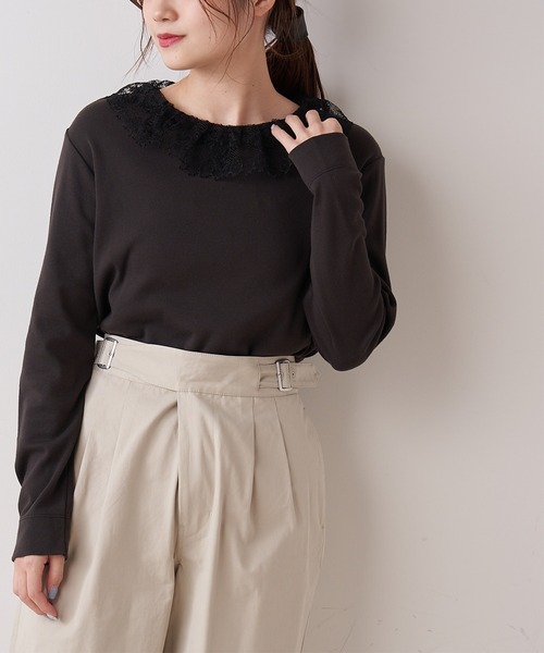 PUAL CE CIN(ピュアルセシン)の「【オーガニックコットン】衿レースプルオーバー(Tシャツ/カットソー・レディース・オフホワイト/スミクロ・FREE)」の10枚目の写真