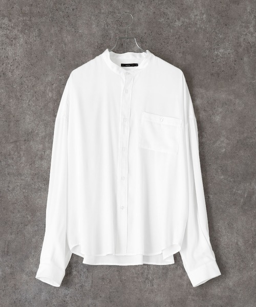 act'm（アクトム）の「シルクライク1ポケット バンドカラー長袖ルーズシャツ（シャツ/ブラウス・メンズ・ホワイト/ブラック/サックスブルー・S/M/L）」の9枚目の写真