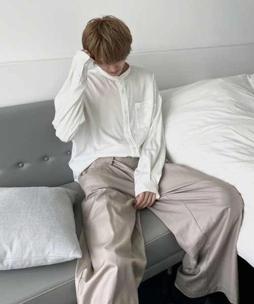 act'm（アクトム）の「シルクライク1ポケット バンドカラー長袖ルーズシャツ（シャツ/ブラウス・メンズ・ホワイト/ブラック/サックスブルー・S/M/L）」の19枚目の写真