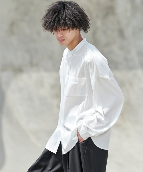 act'm（アクトム）の「シルクライク1ポケット バンドカラー長袖ルーズシャツ（シャツ/ブラウス・メンズ・ホワイト/ブラック/サックスブルー・S/M/L）」の17枚目の写真