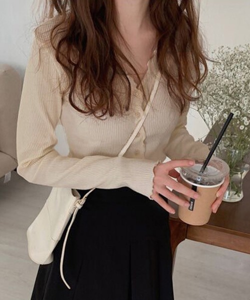 Girly Doll（ガーリードール）の「メロウ加工リブカーディガン（カーディガン/ボレロ・レディース・ベージュ/グレー/キャメル/ブラック/オフホワイト・FREE）」の4枚目の写真