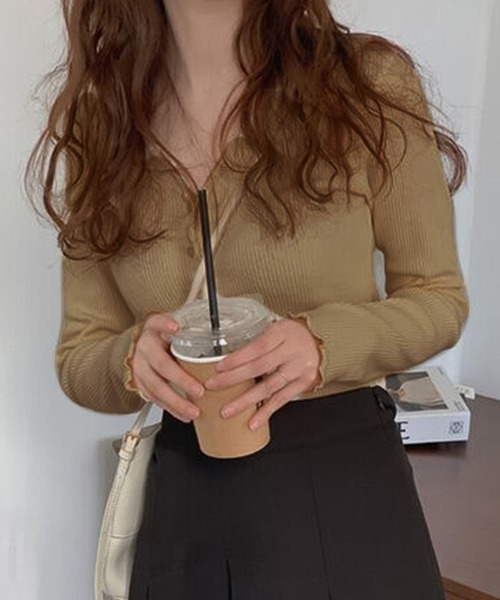 Girly Doll（ガーリードール）の「メロウ加工リブカーディガン（カーディガン/ボレロ・レディース・ベージュ/グレー/キャメル/ブラック/オフホワイト・FREE）」の5枚目の写真