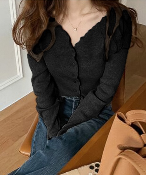 Girly Doll（ガーリードール）の「メロウ加工リブカーディガン（カーディガン/ボレロ・レディース・ベージュ/グレー/キャメル/ブラック/オフホワイト・FREE）」の2枚目の写真