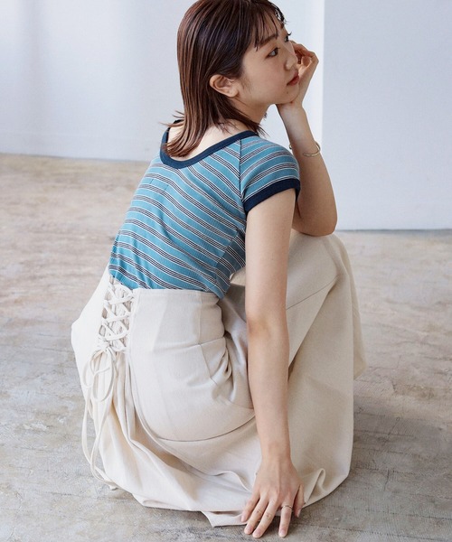 BeAMS DOT(ビームスドット)の「【WEB限定】BeAMS DOT / レースアップ デニムロングスカート(スカート・レディース・ブラック/インディゴブルー/ブラック系その他4/ホワイト系その他5・FREE)」の1枚目の写真