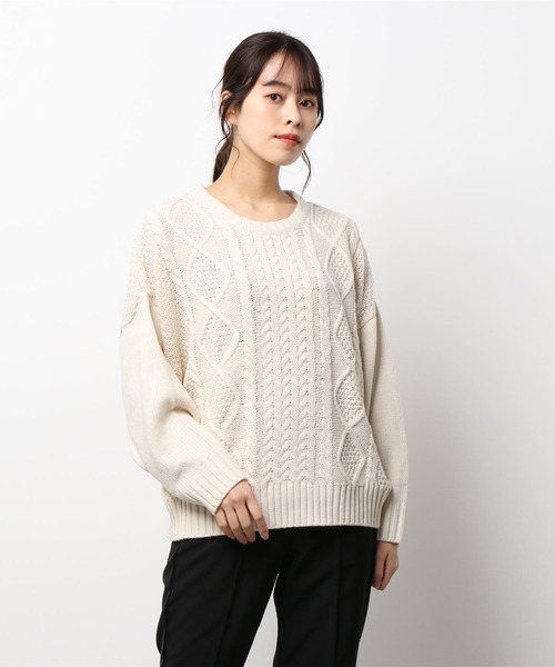 Bling Leads（ブリングリーズ）の「【Bling leads】ケーブルクルーネックニット（Tシャツ/カットソー・レディース・アイボリー/ブラック/パープル/ダークブラウン/ベージュ・FREE）」の2枚目の写真