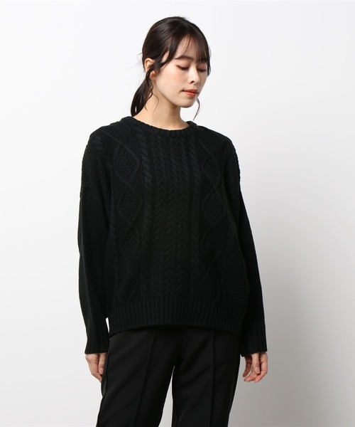Bling Leads（ブリングリーズ）の「【Bling leads】ケーブルクルーネックニット（Tシャツ/カットソー・レディース・アイボリー/ブラック/パープル/ダークブラウン/ベージュ・FREE）」の3枚目の写真