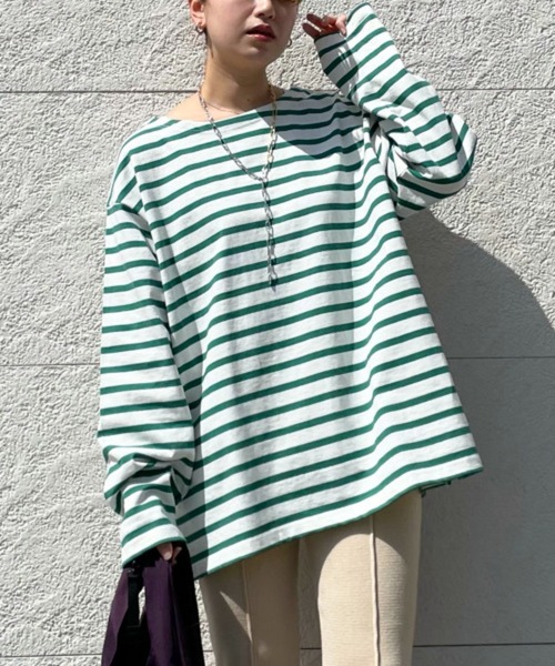 CIAOPANIC（チャオパニック）の「【ユニセックスで着用可能】バスクボーダーボートネックロングスリーブＴシャツ（Tシャツ/カットソー・メンズ・ブルー/グリーン/ネイビー/ブラウン・FREE）」の2枚目の写真