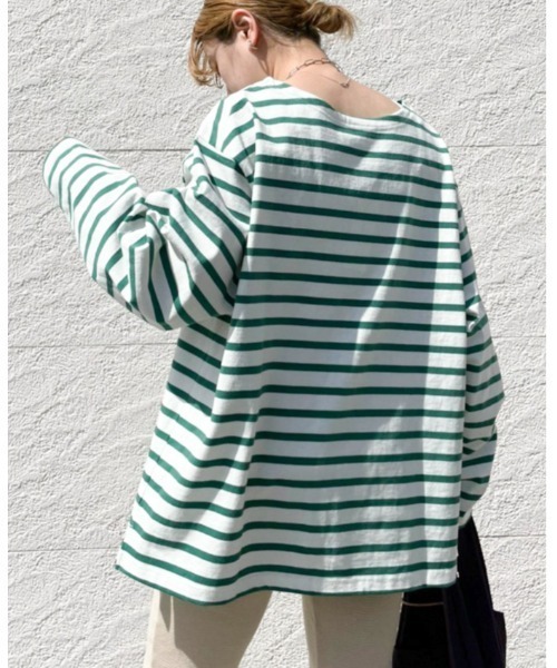 CIAOPANIC（チャオパニック）の「【ユニセックスで着用可能】バスクボーダーボートネックロングスリーブＴシャツ（Tシャツ/カットソー・メンズ・ブルー/グリーン/ネイビー/ブラウン・FREE）」の5枚目の写真