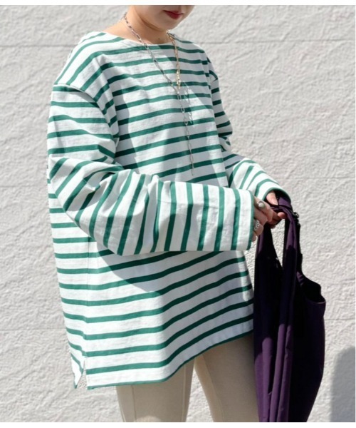 CIAOPANIC（チャオパニック）の「【ユニセックスで着用可能】バスクボーダーボートネックロングスリーブＴシャツ（Tシャツ/カットソー・メンズ・ブルー/グリーン/ネイビー/ブラウン・FREE）」の10枚目の写真