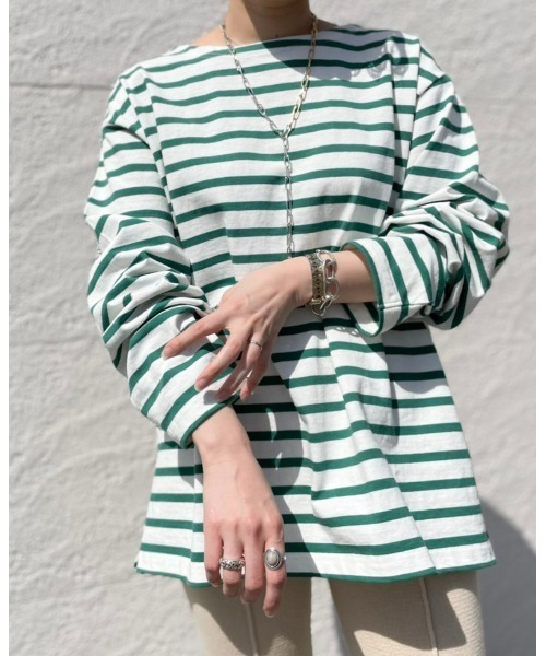 CIAOPANIC（チャオパニック）の「【ユニセックスで着用可能】バスクボーダーボートネックロングスリーブＴシャツ（Tシャツ/カットソー・メンズ・ブルー/グリーン/ネイビー/ブラウン・FREE）」の17枚目の写真