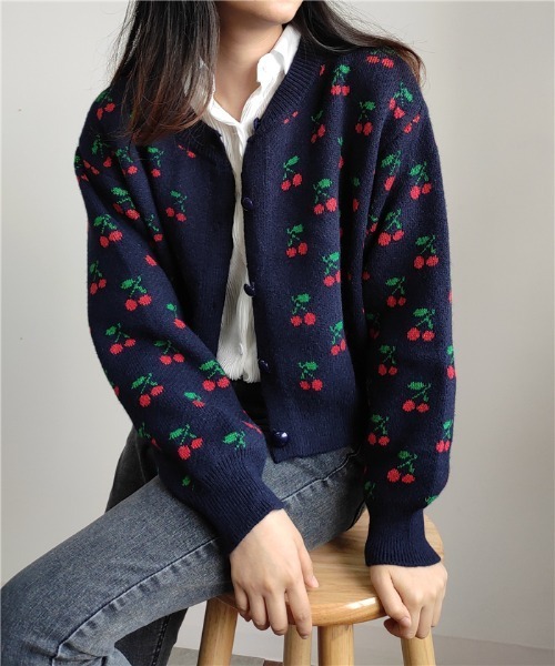 MAISON DE THERESE（メゾン ド テレーズ）の「チェリー柄ニットカーディガン（カーディガン/ボレロ・レディース・アイボリー/ネイビー・M）」の6枚目の写真