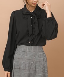 リボンタイ付き配色メローブラウス