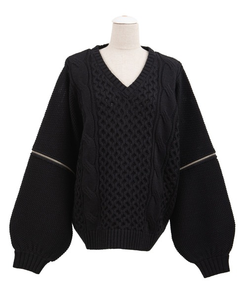 PUNYUS（プニュズ）の「2WAYケーブル編みニット（ニット/セーター・レディース・ブラック/オフホワイト/グリーン・1/2/4/3）」の2枚目の写真