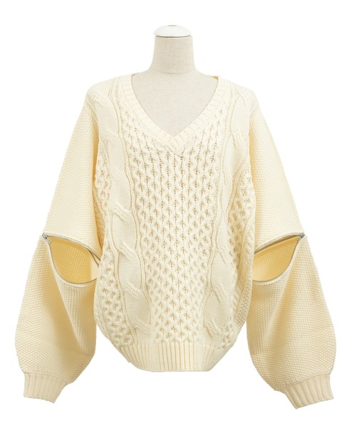 PUNYUS（プニュズ）の「2WAYケーブル編みニット（ニット/セーター・レディース・ブラック/オフホワイト/グリーン・1/2/4/3）」の6枚目の写真