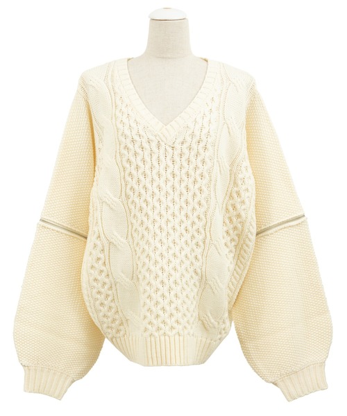 PUNYUS（プニュズ）の「2WAYケーブル編みニット（ニット/セーター・レディース・ブラック/オフホワイト/グリーン・1/2/4/3）」の10枚目の写真