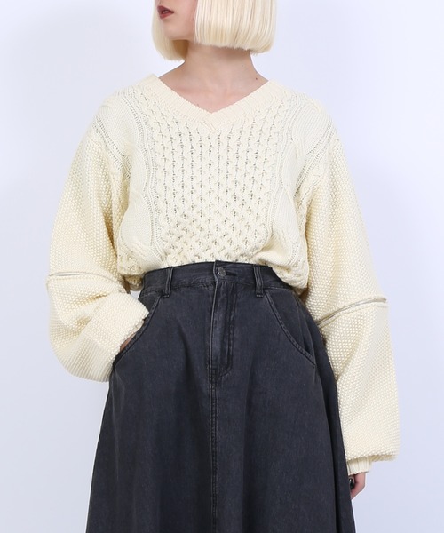 PUNYUS（プニュズ）の「2WAYケーブル編みニット（ニット/セーター・レディース・ブラック/オフホワイト/グリーン・1/2/4/3）」の9枚目の写真