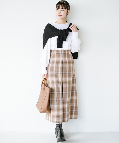 haco!（ハコ）の「【φ】どんな日も特別な1日に導いてくれる。大人の甘さと華やぎバランスを追求した すっきりシルエットが自慢のチェックスカート（スカート・レディース・ライトベージュ/ライトブラウン・SMALL/MEDIUM/LARGE/X-LARGE）」の17枚目の写真