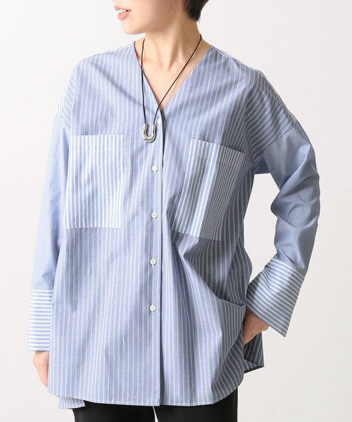 journal standard L'essage(ジャーナルスタンダードレサージュ)の「クレイジーパターン.ムジVネックシャツ◆(シャツ/ブラウス・レディース・ベージュ/ネイビー/ブルー・FREE)」の3枚目の写真