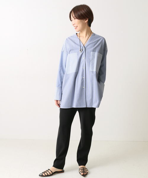 journal standard L'essage(ジャーナルスタンダードレサージュ)の「クレイジーパターン.ムジVネックシャツ◆(シャツ/ブラウス・レディース・ベージュ/ネイビー/ブルー・FREE)」の18枚目の写真