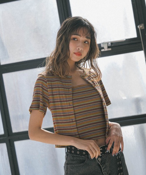 PBLIM（ページボーイリム）の「【PAGEBOYLIM】マルチボーダーセット（カーディガン/ボレロ・レディース・ホワイト系その他/ブラウン系その他/グリーン系その他・FREE）」の3枚目の写真