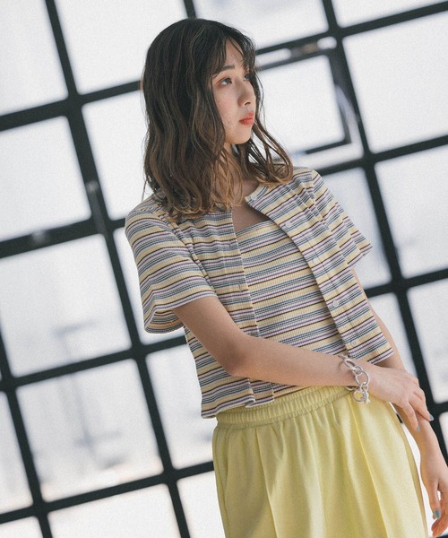 PBLIM（ページボーイリム）の「【PAGEBOYLIM】マルチボーダーセット（カーディガン/ボレロ・レディース・ホワイト系その他/ブラウン系その他/グリーン系その他・FREE）」の4枚目の写真