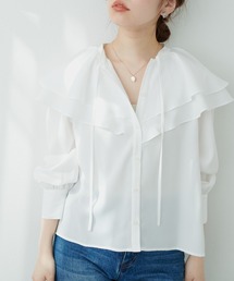 【WEB限定カラー有り】大人レディに仕上がる！フロントリボンフリル衿ブラウス