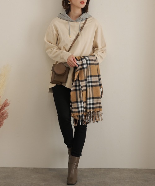 ElegChic（エレグシック）の「裏起毛配色パーカー（パーカー・レディース・ライトカーキ/ライトベージュ/杢グレー/ブラック・4L/XL/M）」の7枚目の写真
