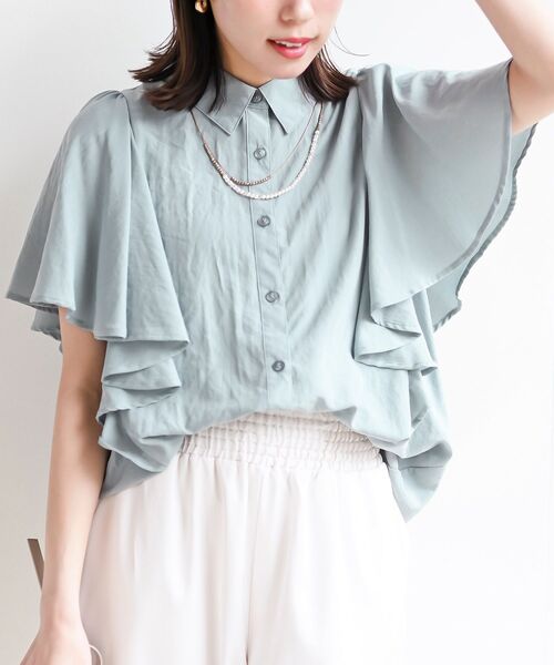 rps(アールピーエス)の「フレアー袖裾タックブラウス(シャツ/ブラウス・レディース・ブラック/オフホワイト/サックスブルー/ネイビー/ブラック系その他2/カーキ/ミント・M/フリー)」の12枚目の写真