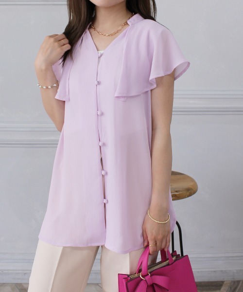 StyleSea（スタイルシー）の「ラッフルカラーノースリーブブラウス（シャツ/ブラウス・レディース・アイボリー/ラベンダー/ライム/ブラック・MEDIUM）」の4枚目の写真